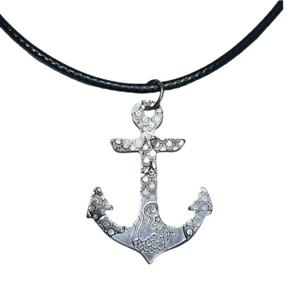 Handmade stamped mermaid silver anchor adjustable Black leather cord necklace‎